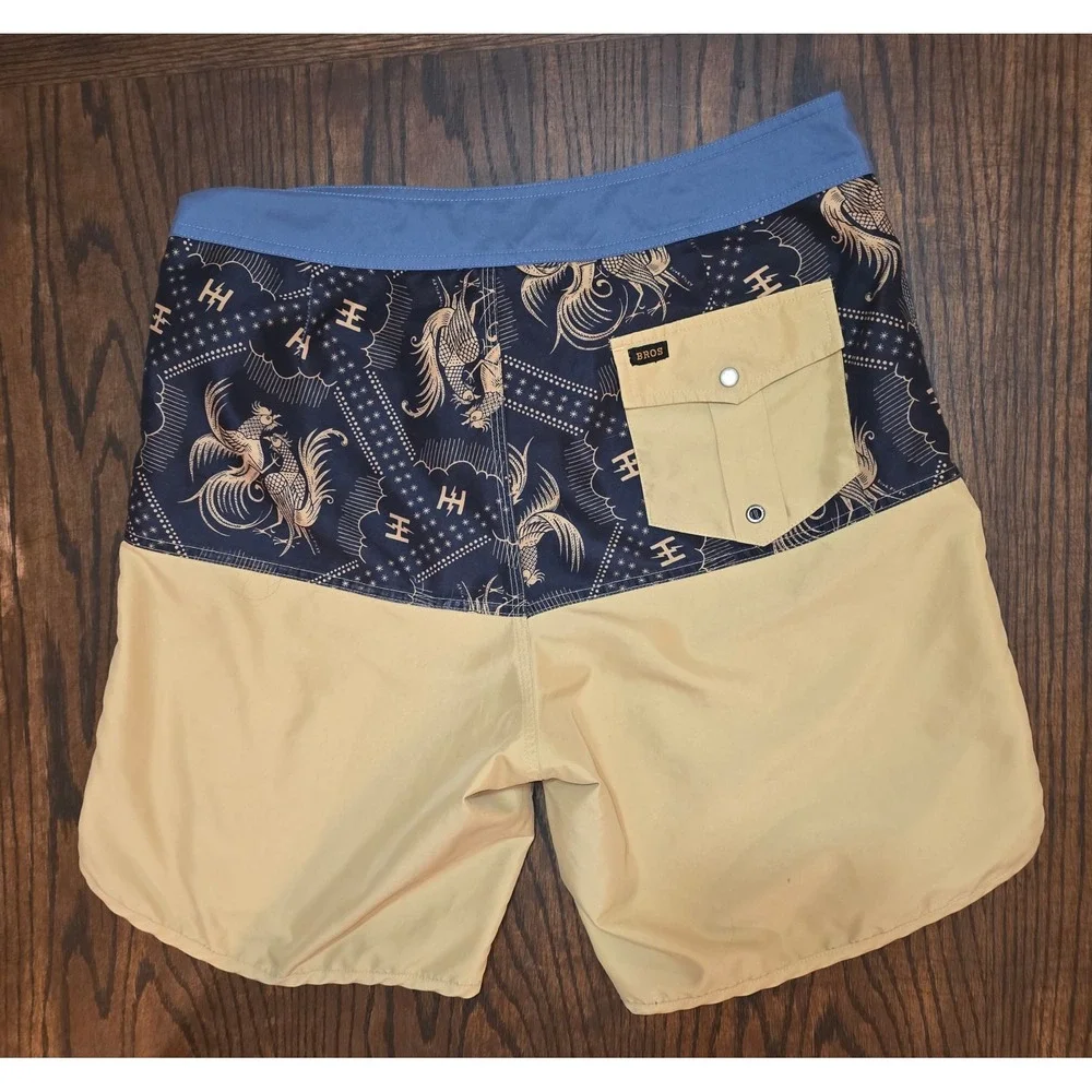 Howler Bros Men Rooster Print Board Shorts Size 33 Tan Blue swim trunks shorts